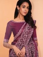 Plum Purple Satin Crepe Silk Festive Wear Saree